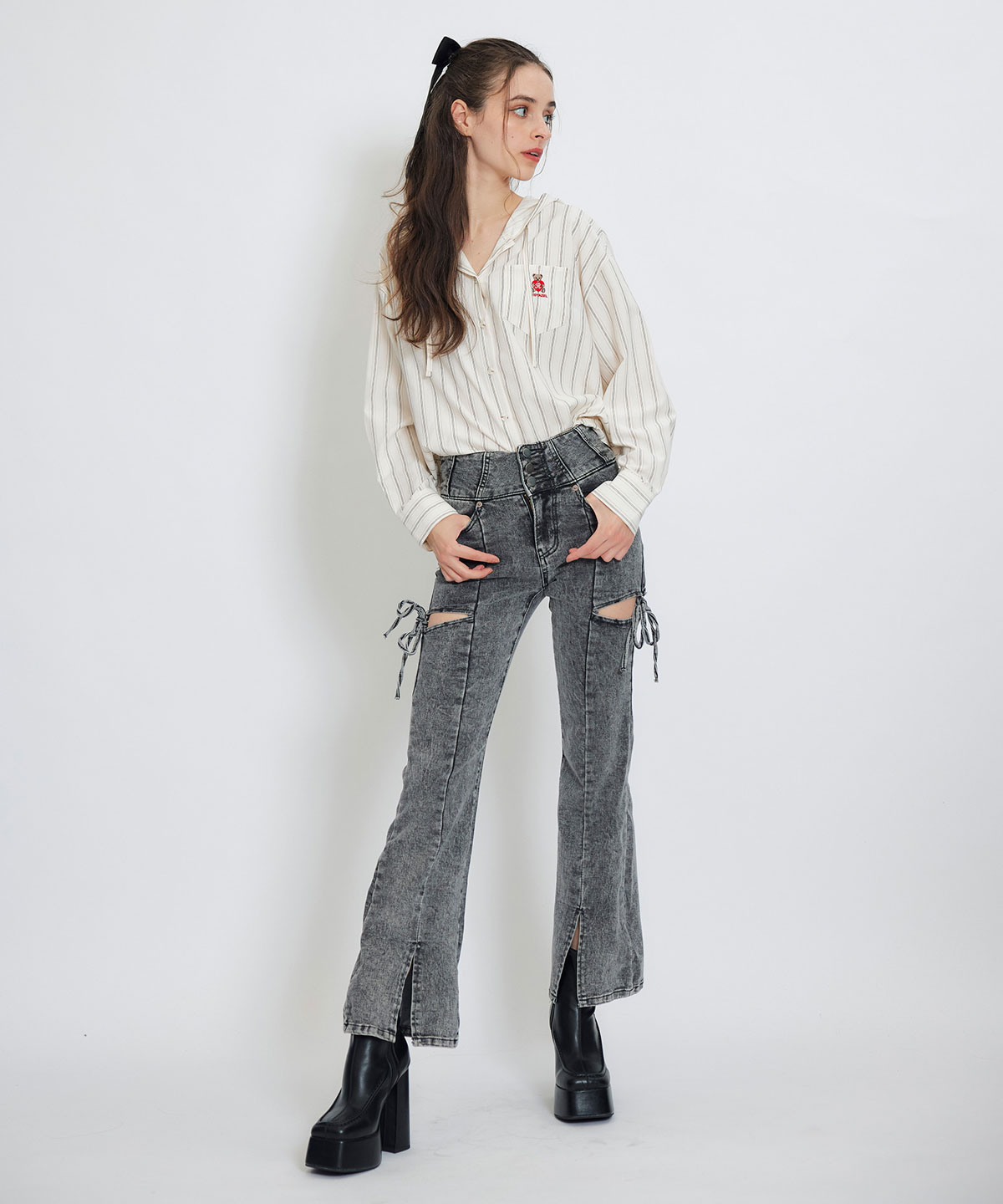 カットアウトリボンストレッチデニム