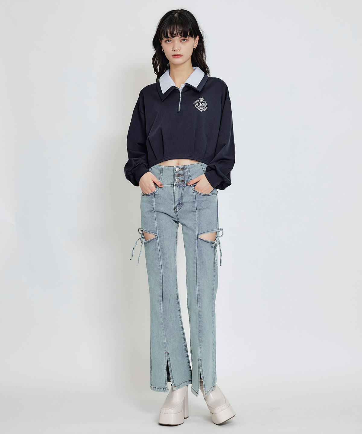 カットアウトリボンストレッチデニム