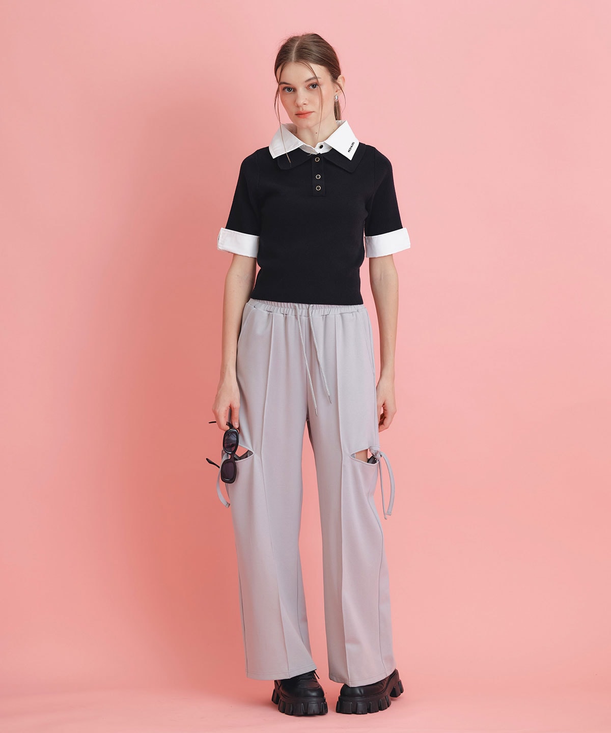 サイドカッティングリボンワイドパンツ