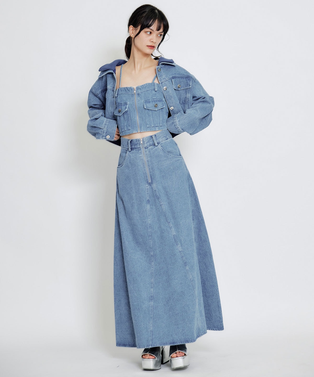 【Chemical Wash Series】ケミカルウォッシュデニムショートビスチェ×ZIPフレアロングスカート