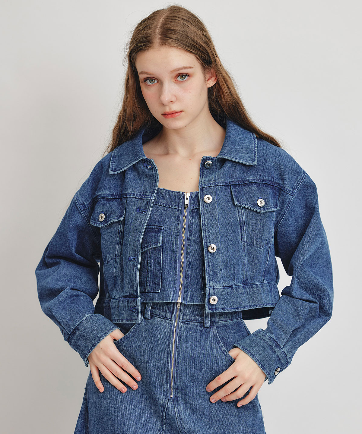 【Chemical Wash Series】ケミカルウォッシュデニムショートビスチェ×ZIPフレアロングスカート