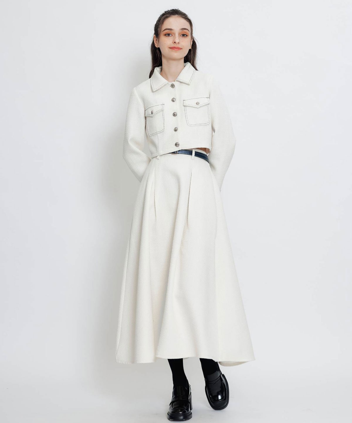 ダブルステッチツイードブラウス×フレアロングスカートセットアップ