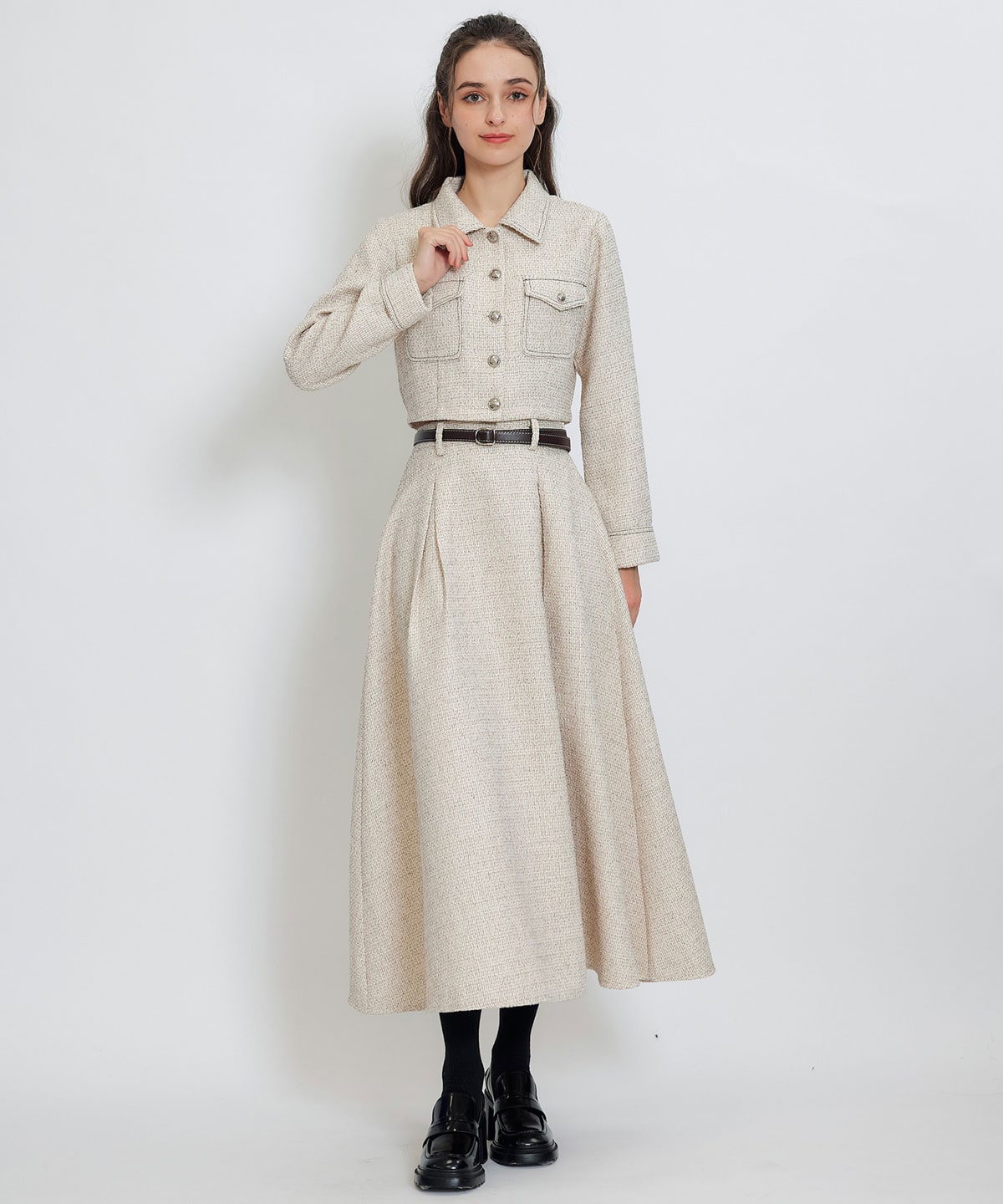 ダブルステッチツイードブラウス×フレアロングスカートセットアップ