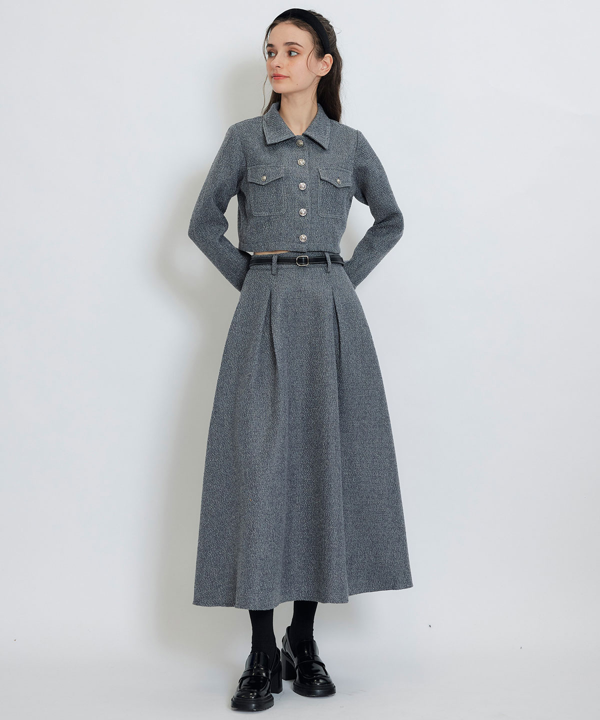 ダブルステッチツイードブラウス×フレアロングスカートセットアップ