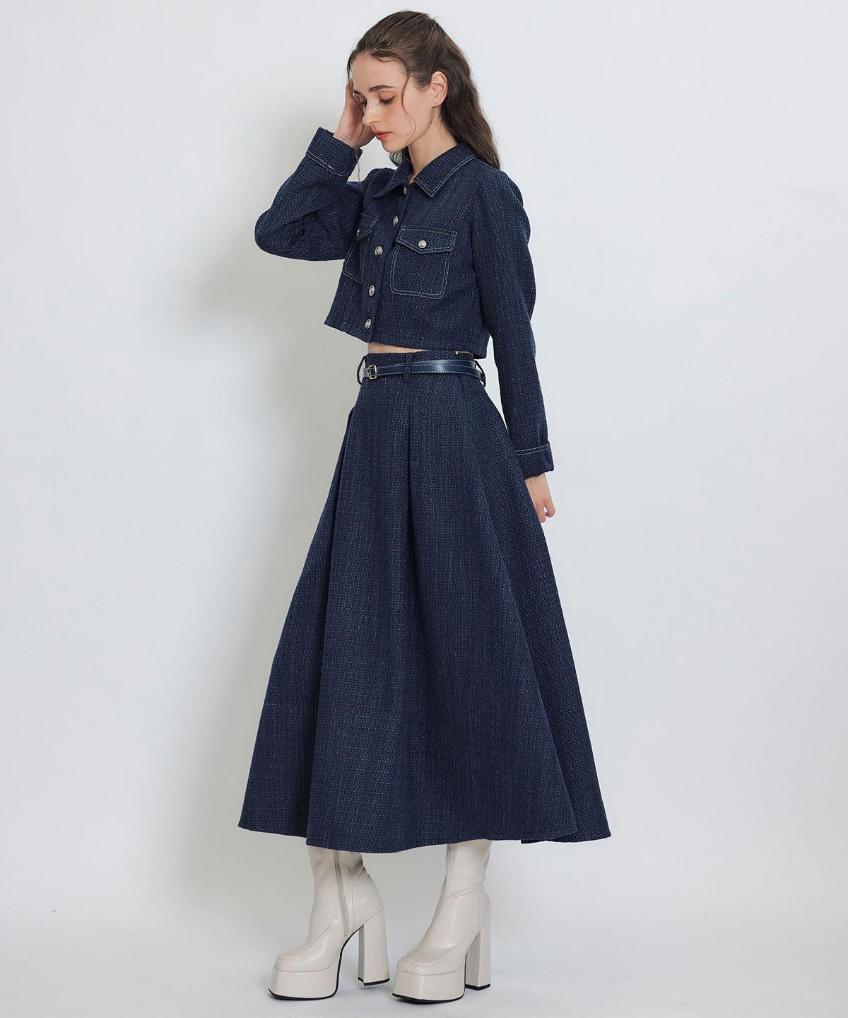 ダブルステッチツイードブラウス×フレアロングスカートセットアップ