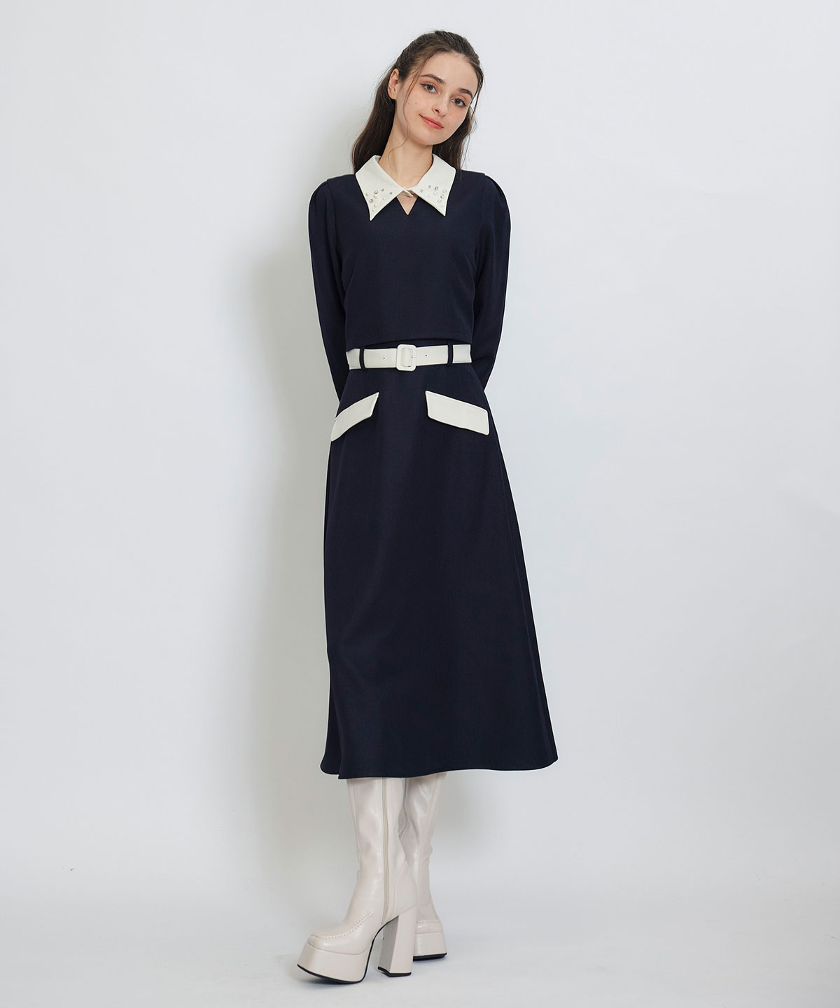 ビジューカラーコンパクトブラウス×バイカラーロングフレアスカートセットアップ