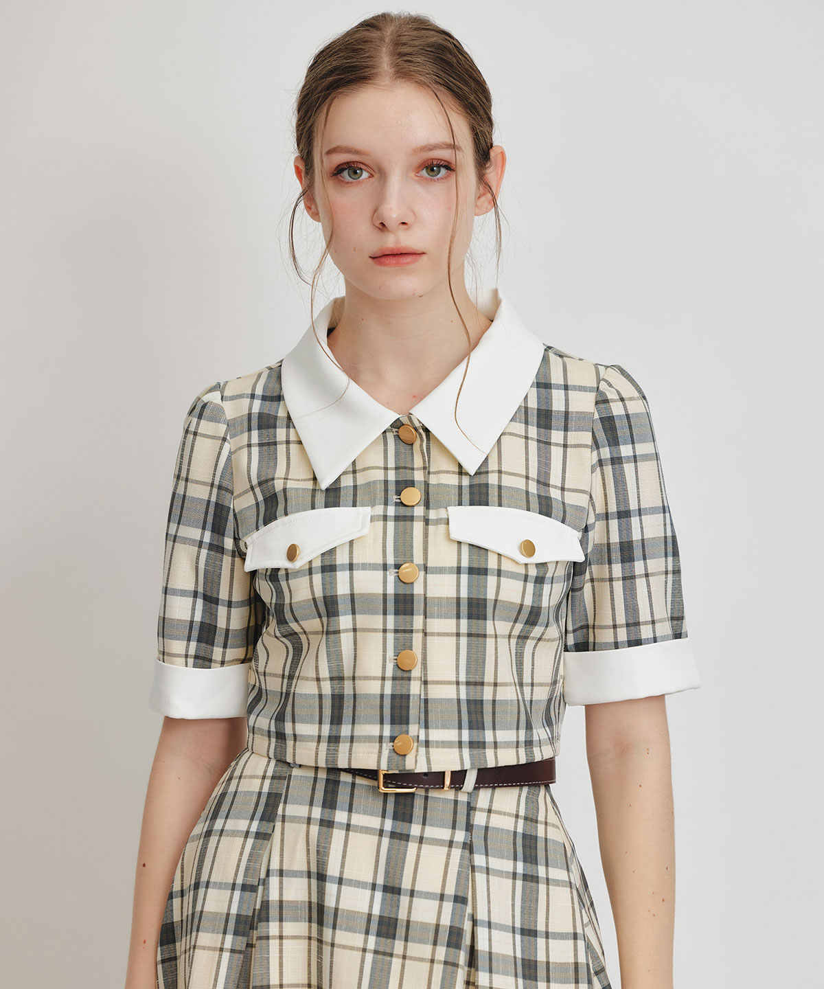 バイカラーチェックブラウス×フレアロングスカートセットアップ