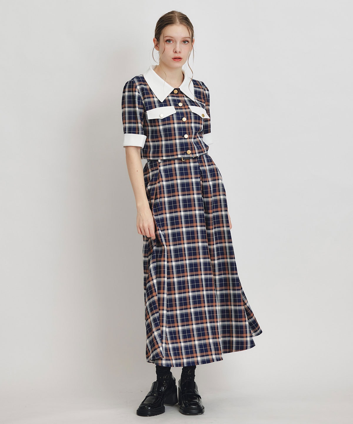 バイカラーチェックブラウス×フレアロングスカートセットアップ