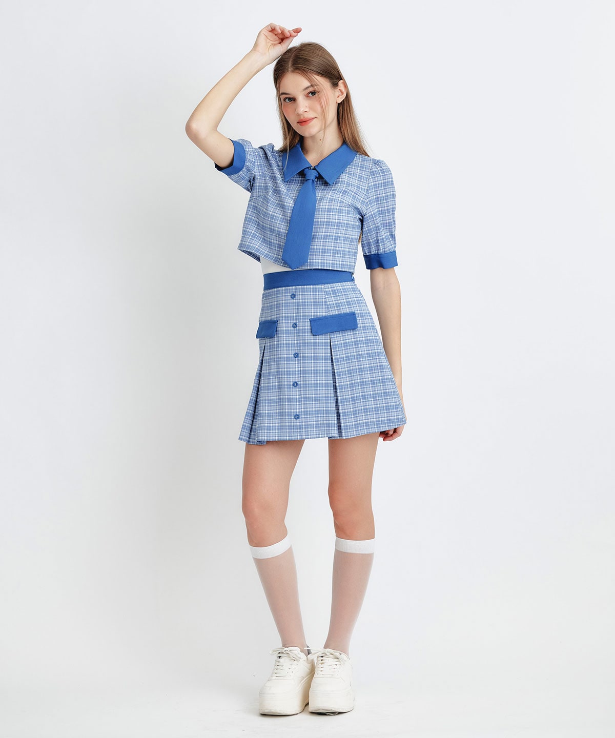 プレッピーネクタイチェックブラウス×プリーツミニスカートセットアップ