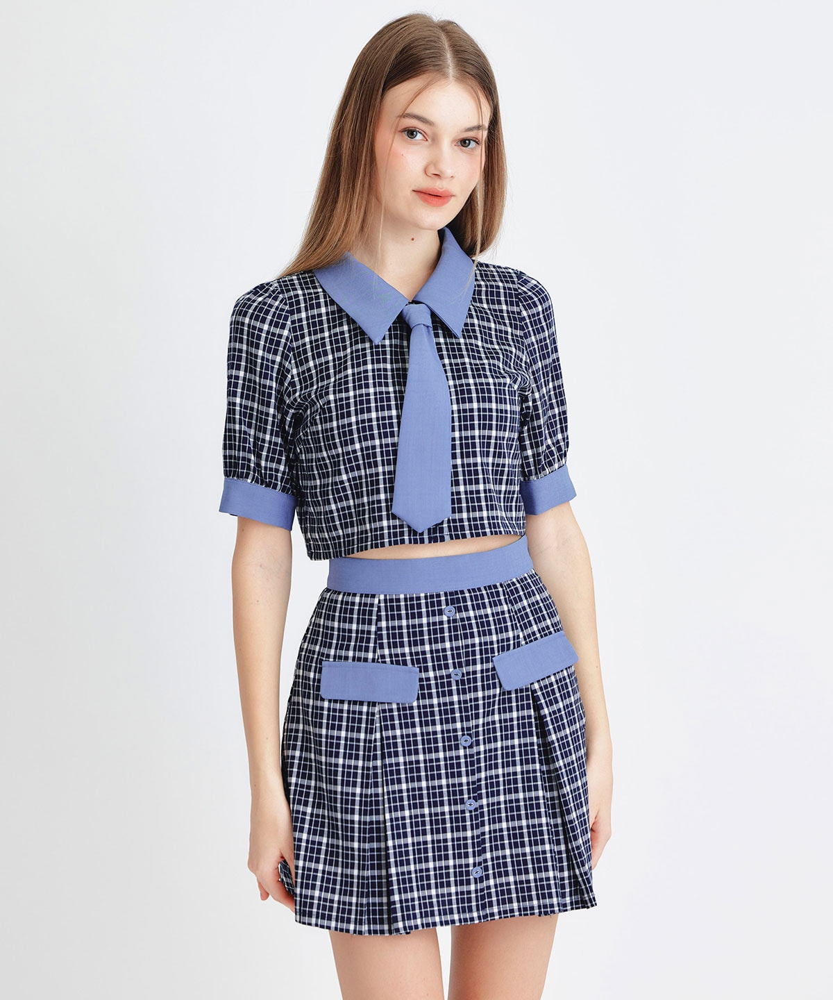 プレッピーネクタイチェックブラウス×プリーツミニスカートセットアップ