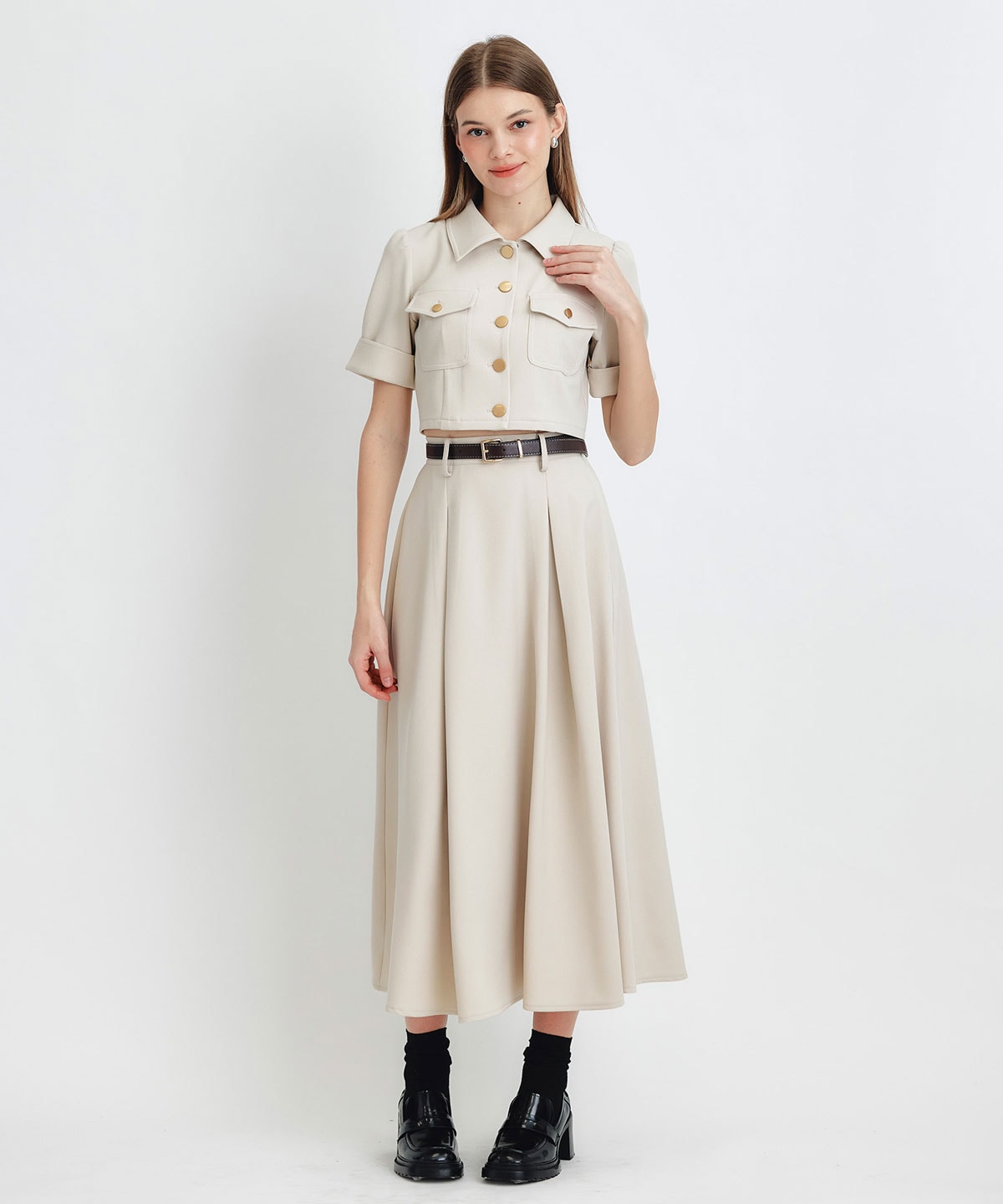 ショートジャケット×フレアロングスカートセットアップ