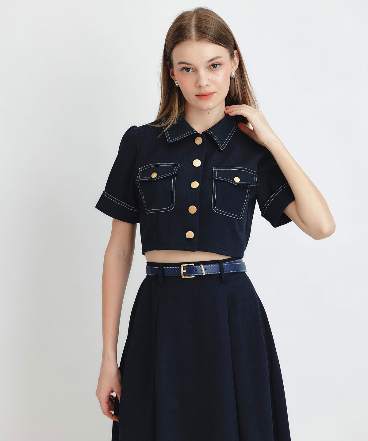 ショートジャケット×フレアロングスカートセットアップ