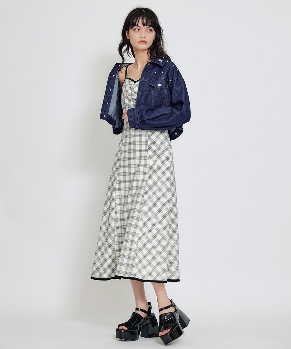 パイピングリボンキャミソールチェックフレアロングワンピース