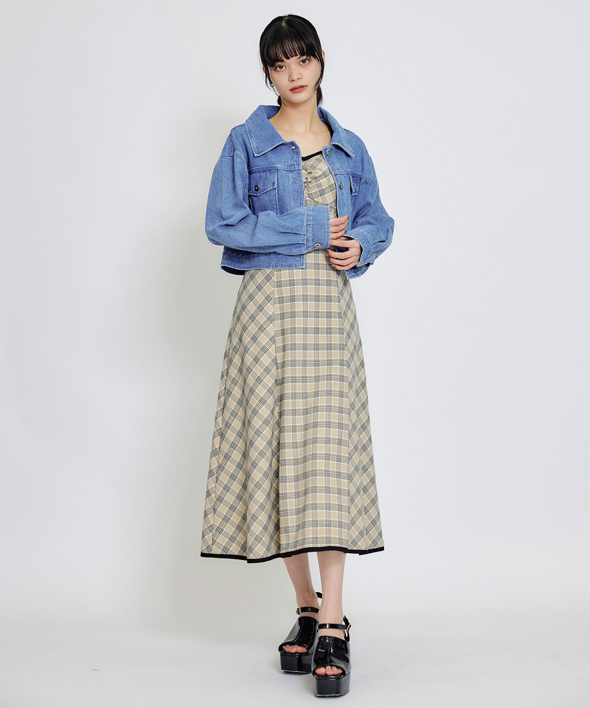 パイピングリボンキャミソールチェックフレアロングワンピース