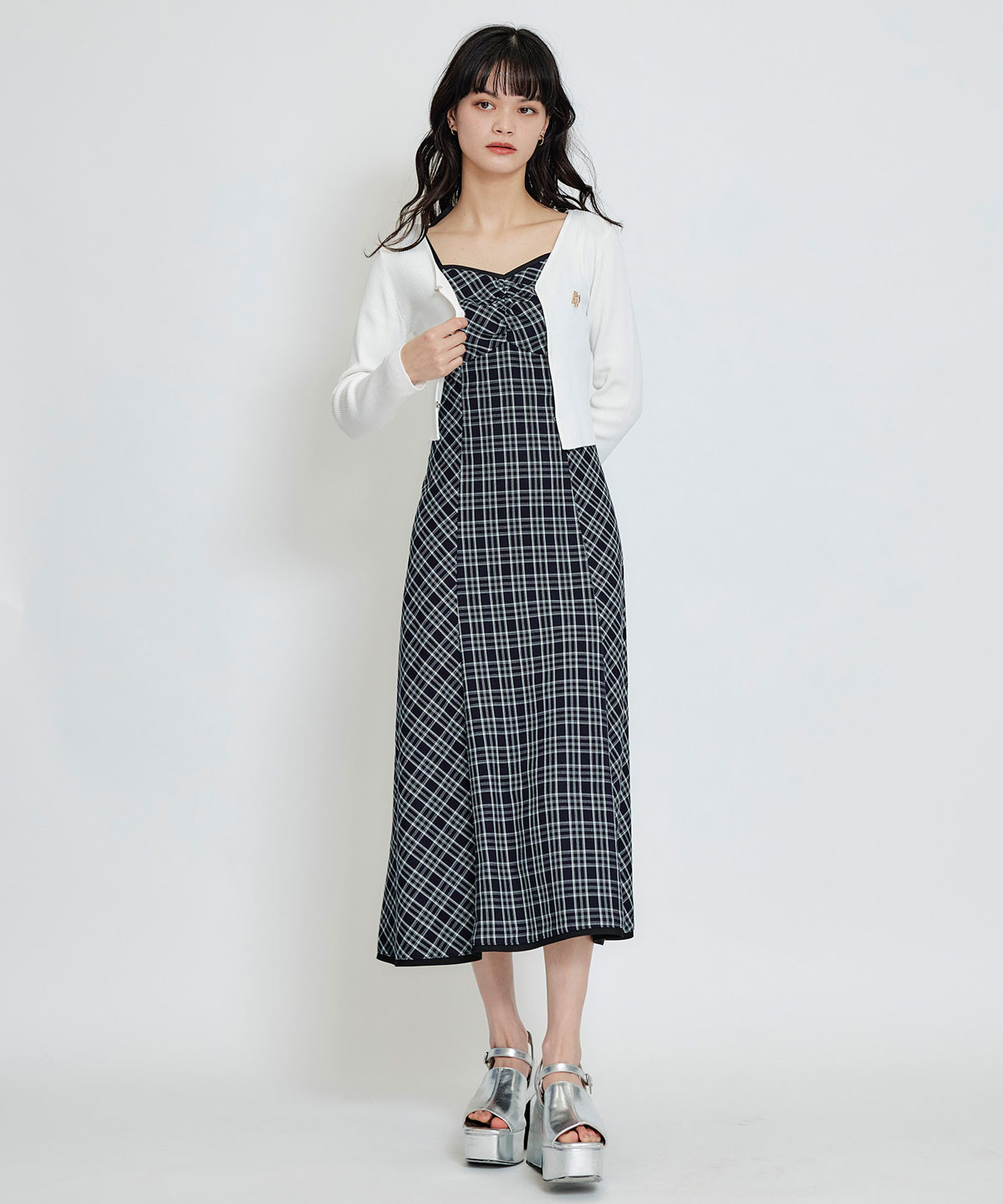 パイピングリボンキャミソールチェックフレアロングワンピース