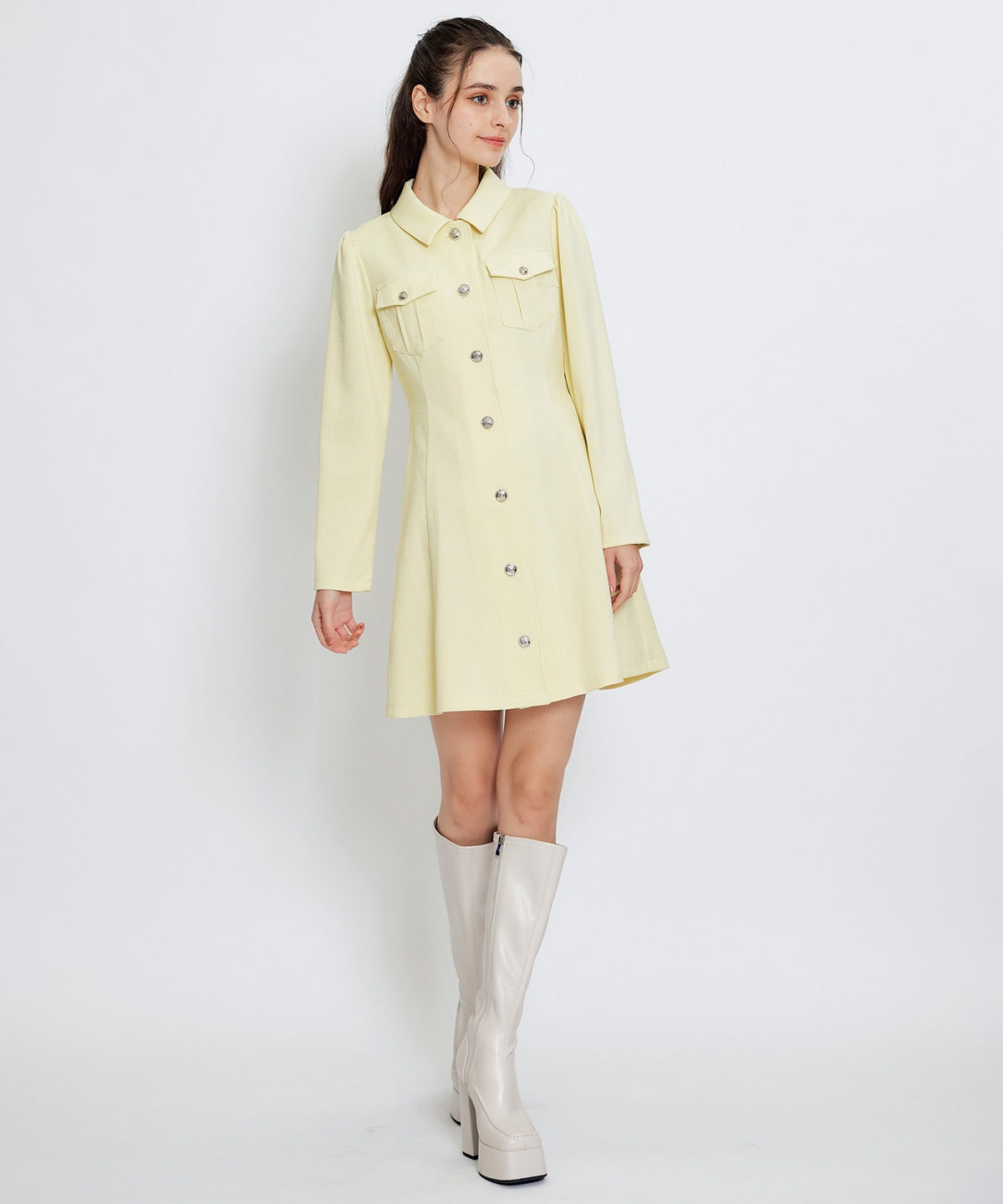 スプリングツイードシャツミニフレアワンピース