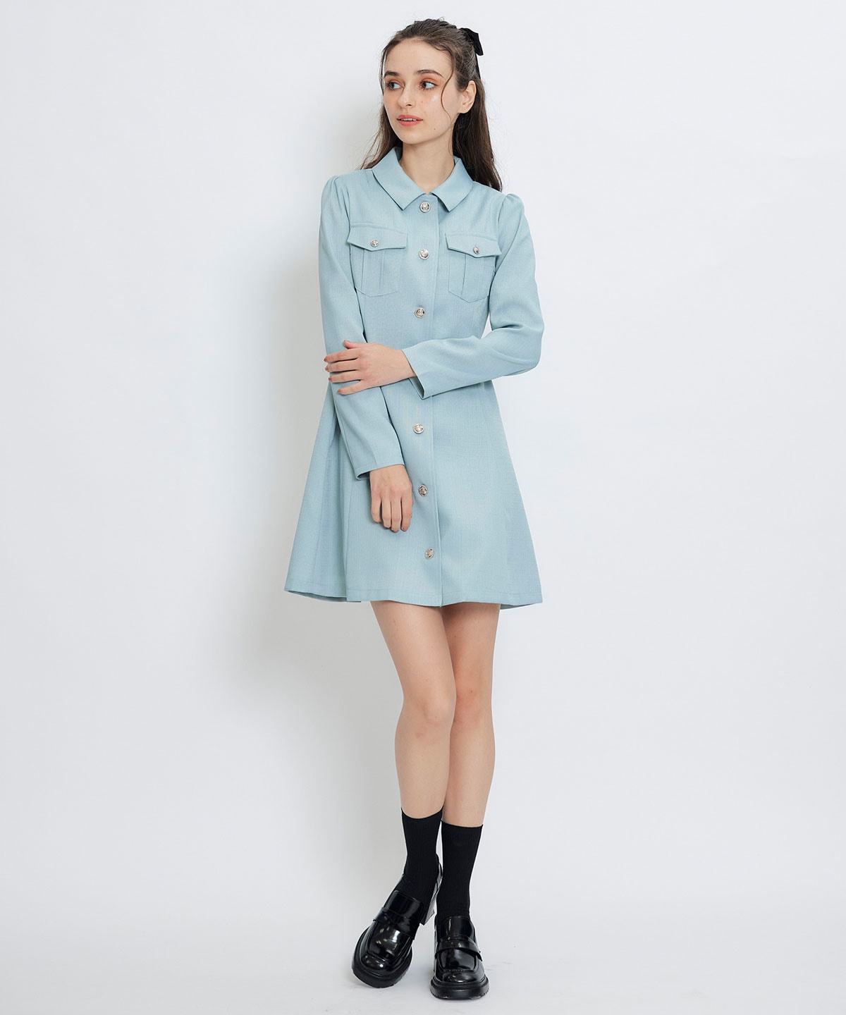 スプリングツイードシャツミニフレアワンピース