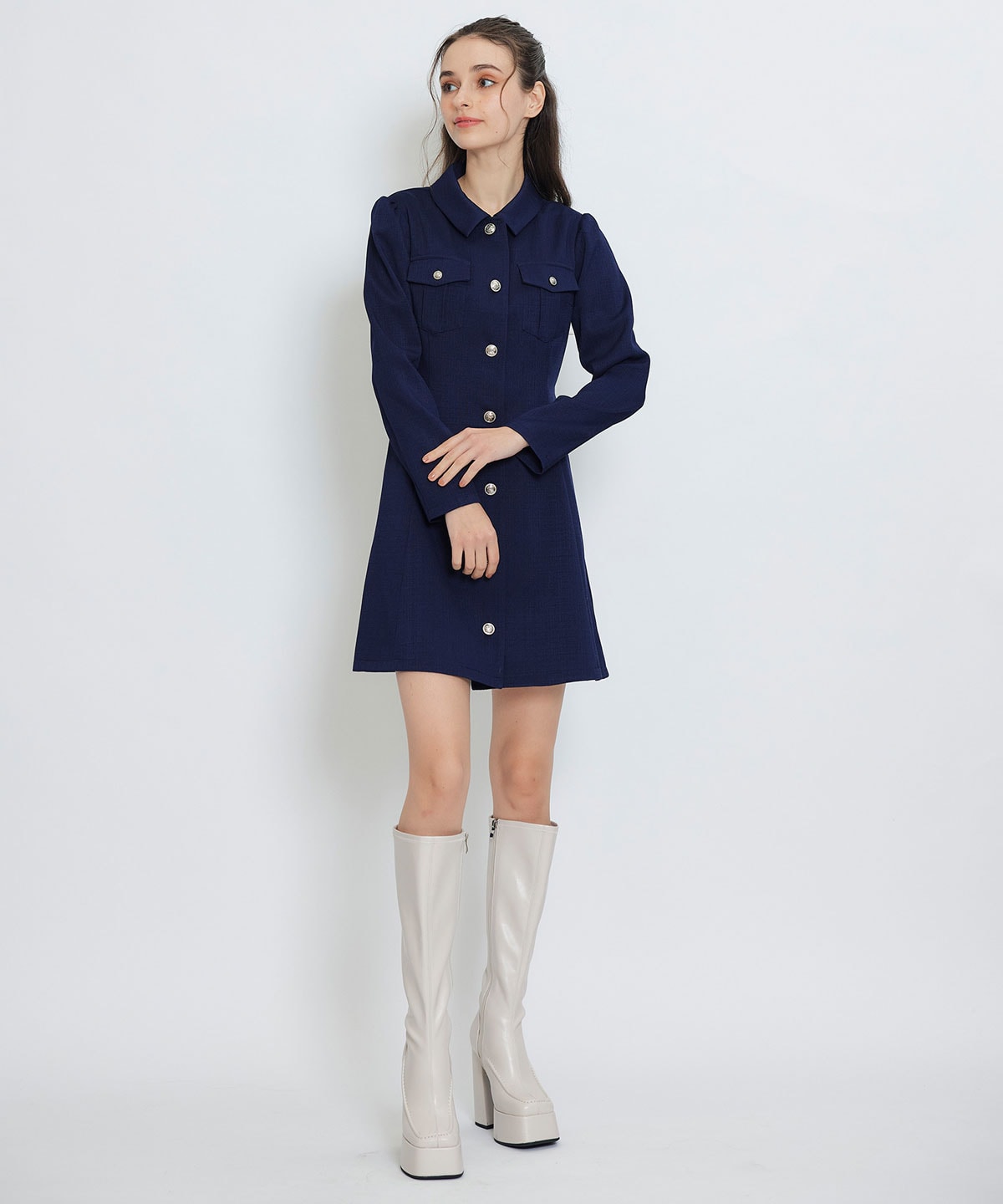 スプリングツイードシャツミニフレアワンピース