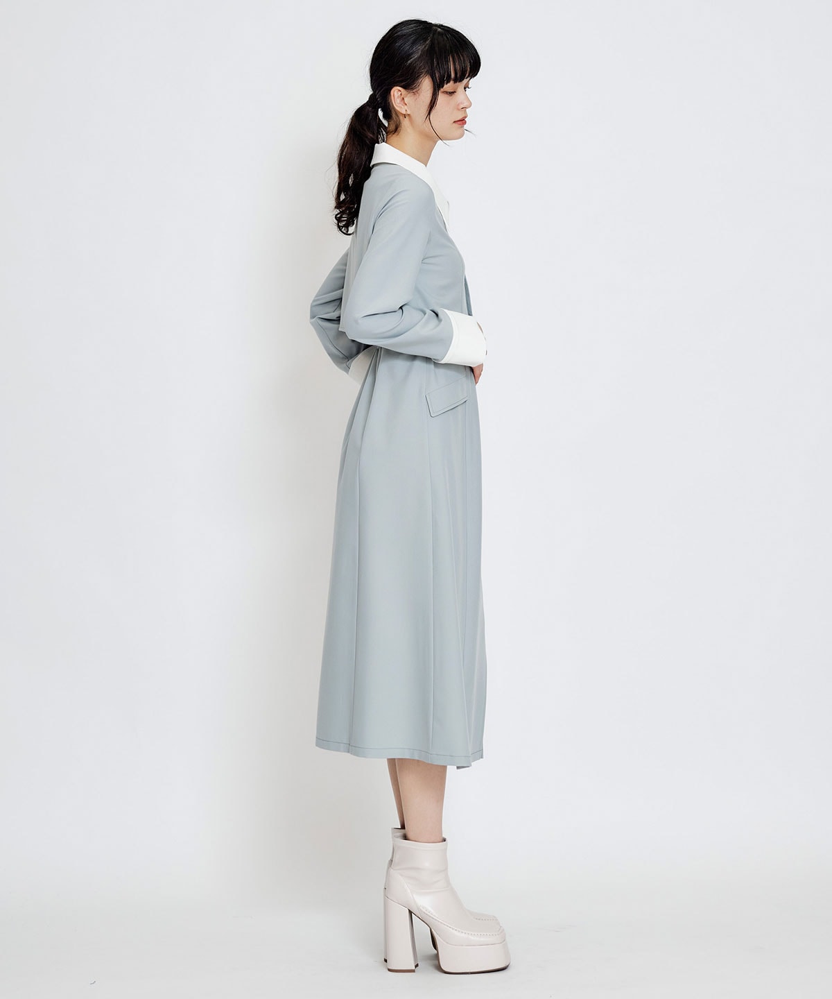 フロントZIPバイカラーロングシャツワンピース