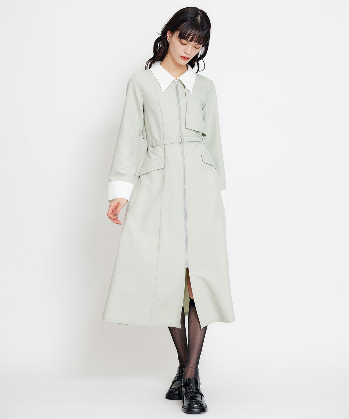 フロントZIPバイカラーロングシャツワンピース