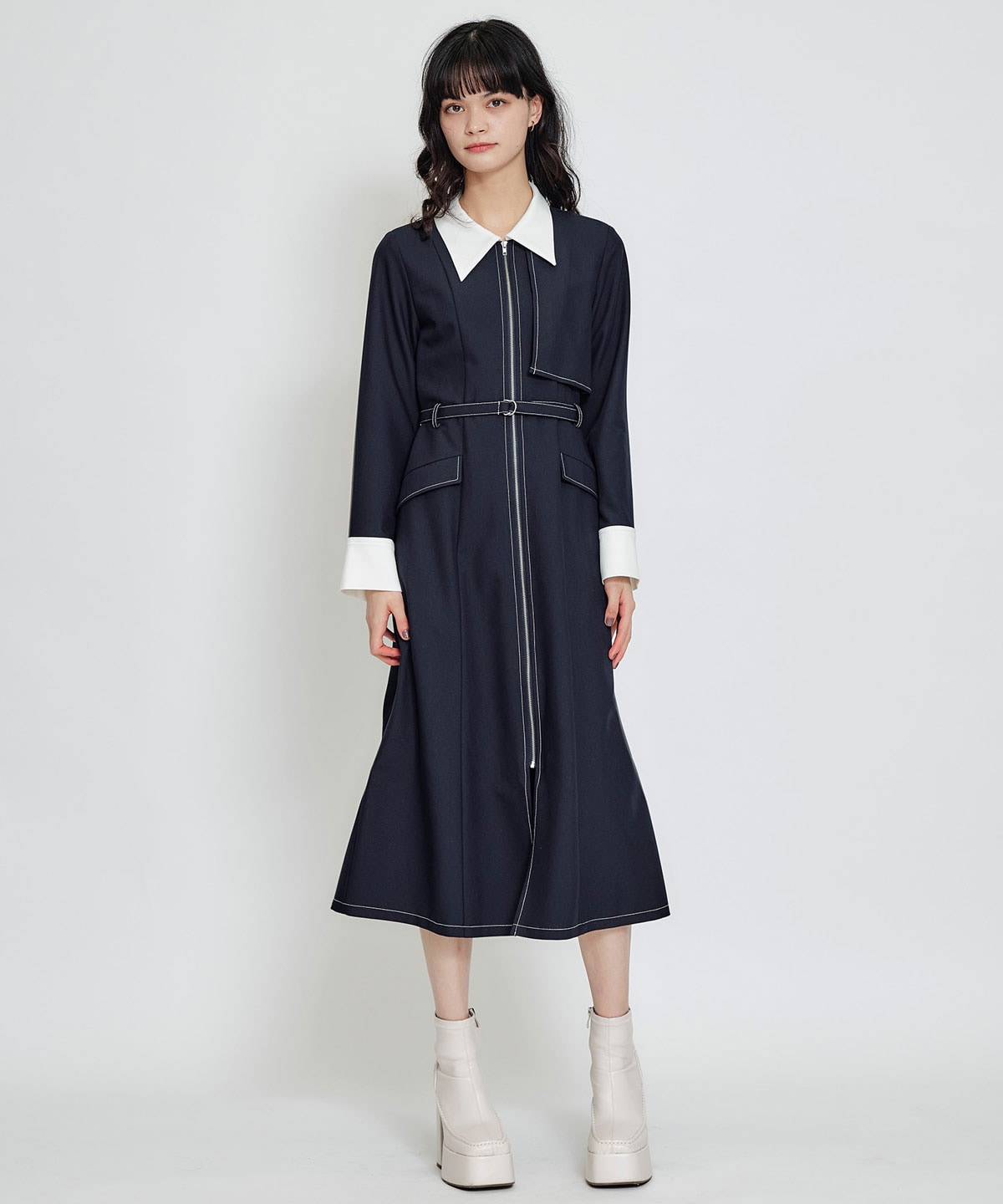 フロントZIPバイカラーロングシャツワンピース