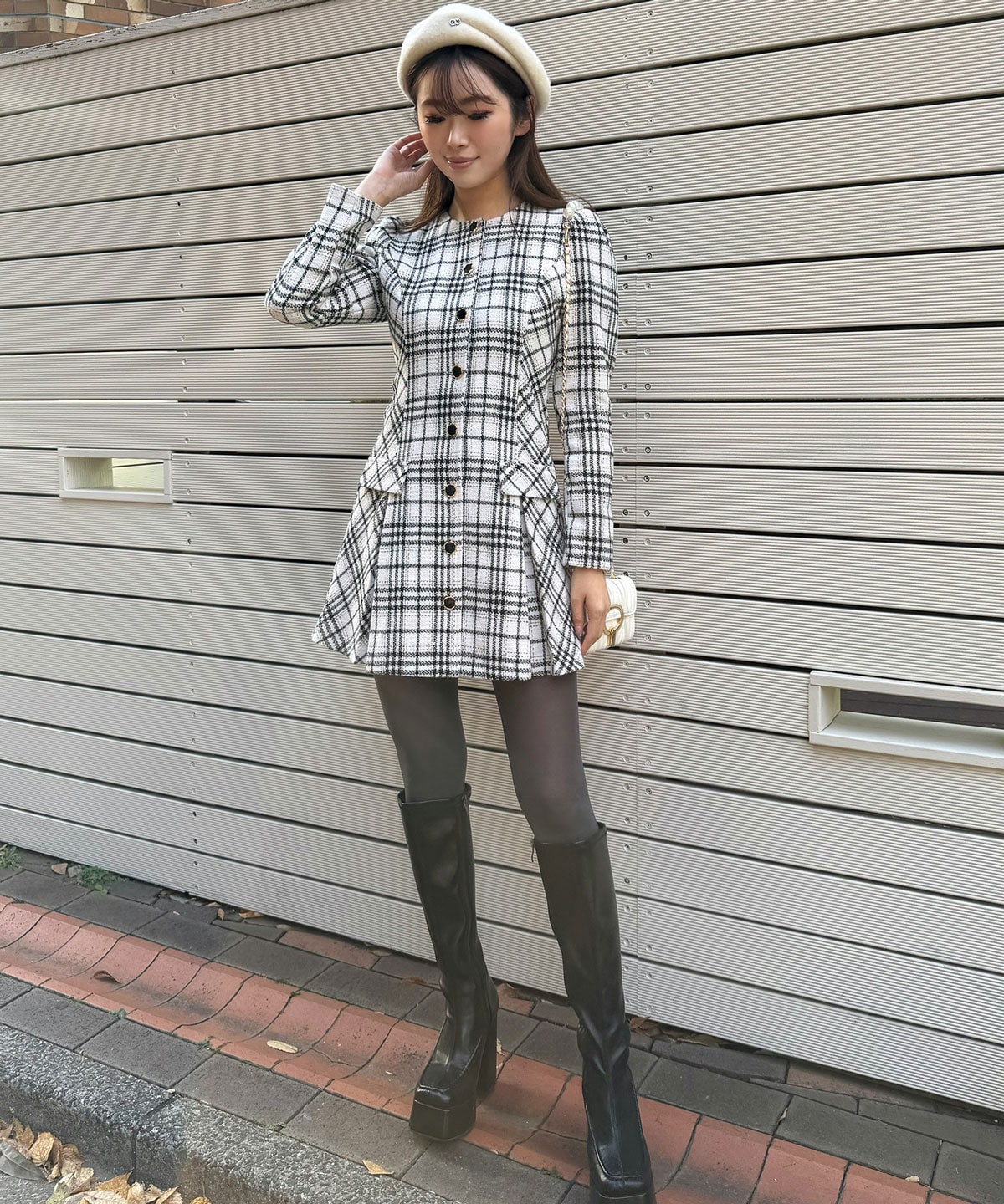 バイアスチェックツイードミニワンピース