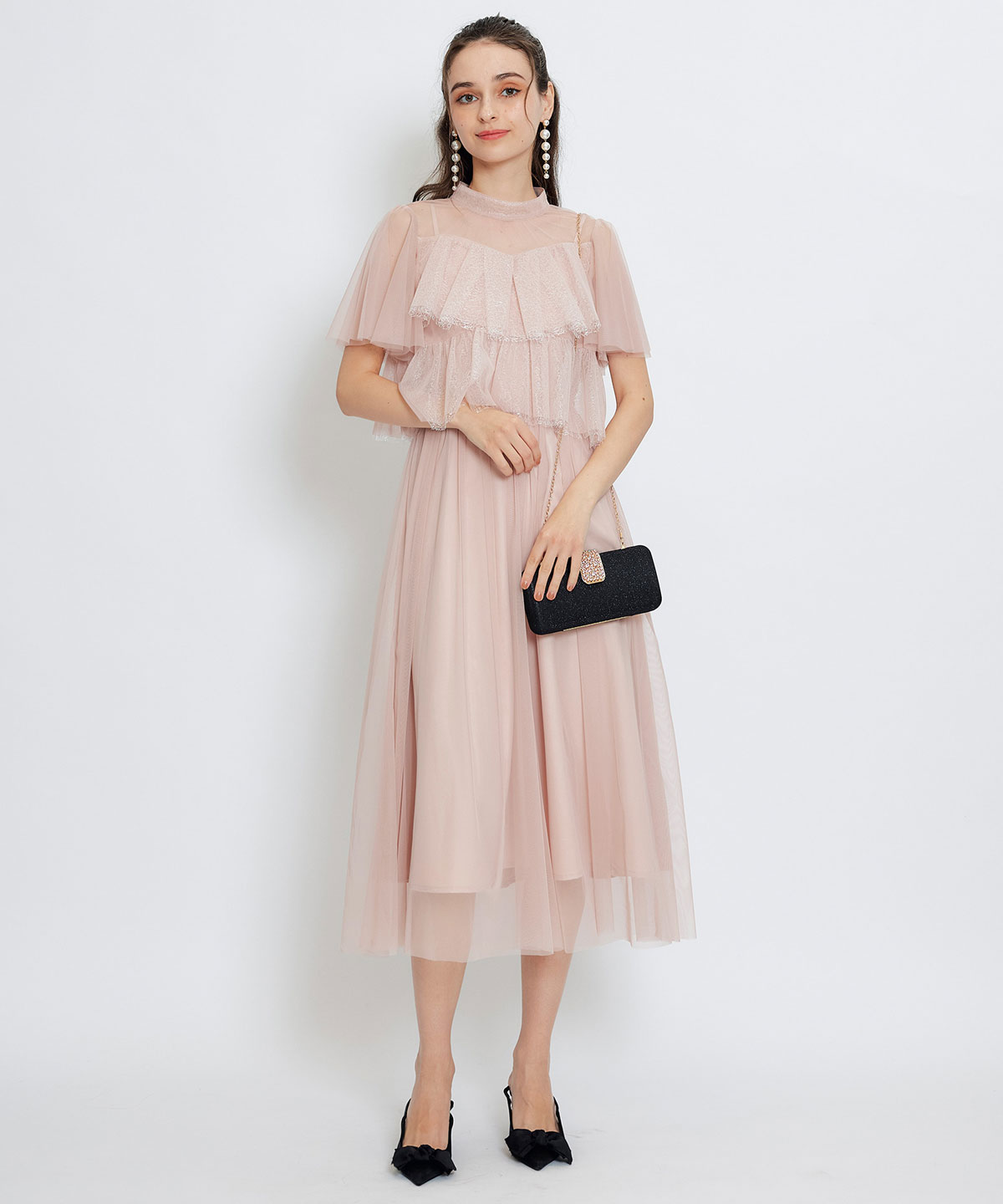 チュールレースティアードトップス×キャミソールフレアロングドレス