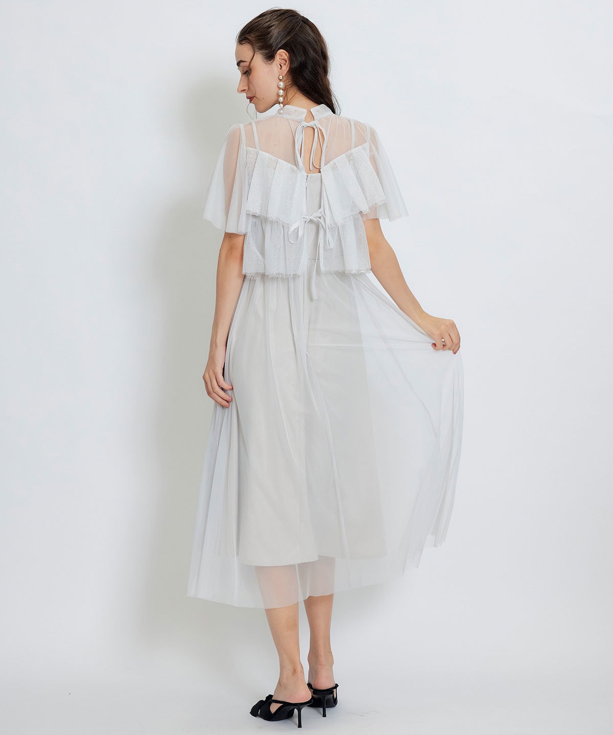 チュールレースティアードトップス×キャミソールフレアロングドレス