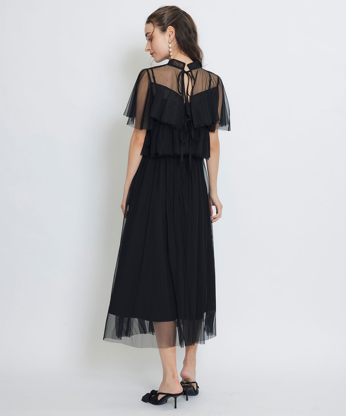 チュールレースティアードトップス×キャミソールフレアロングドレス