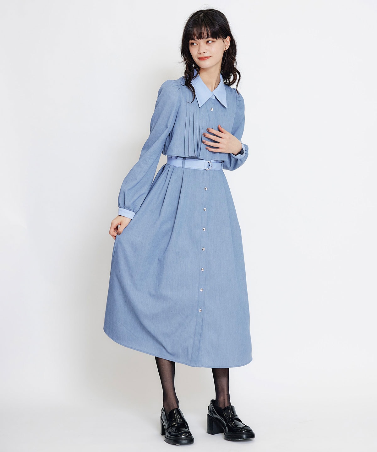 フロントプリーツリボンタイフレアロングワンピース