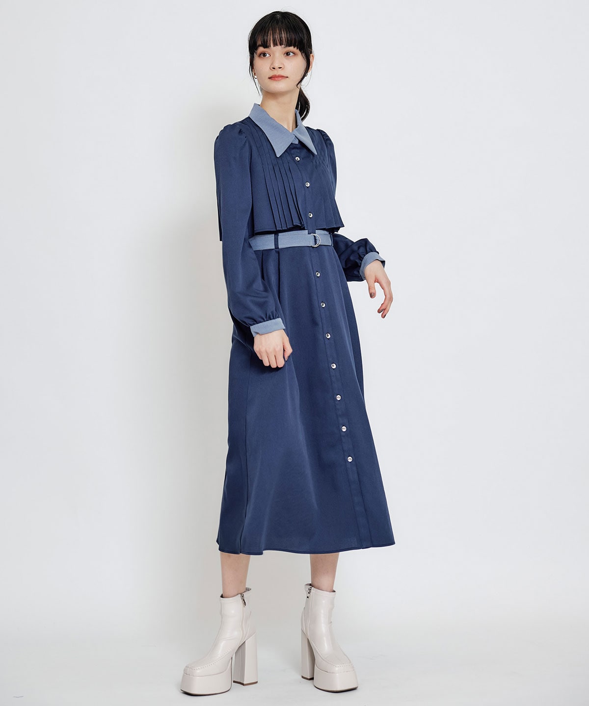 フロントプリーツリボンタイフレアロングワンピース