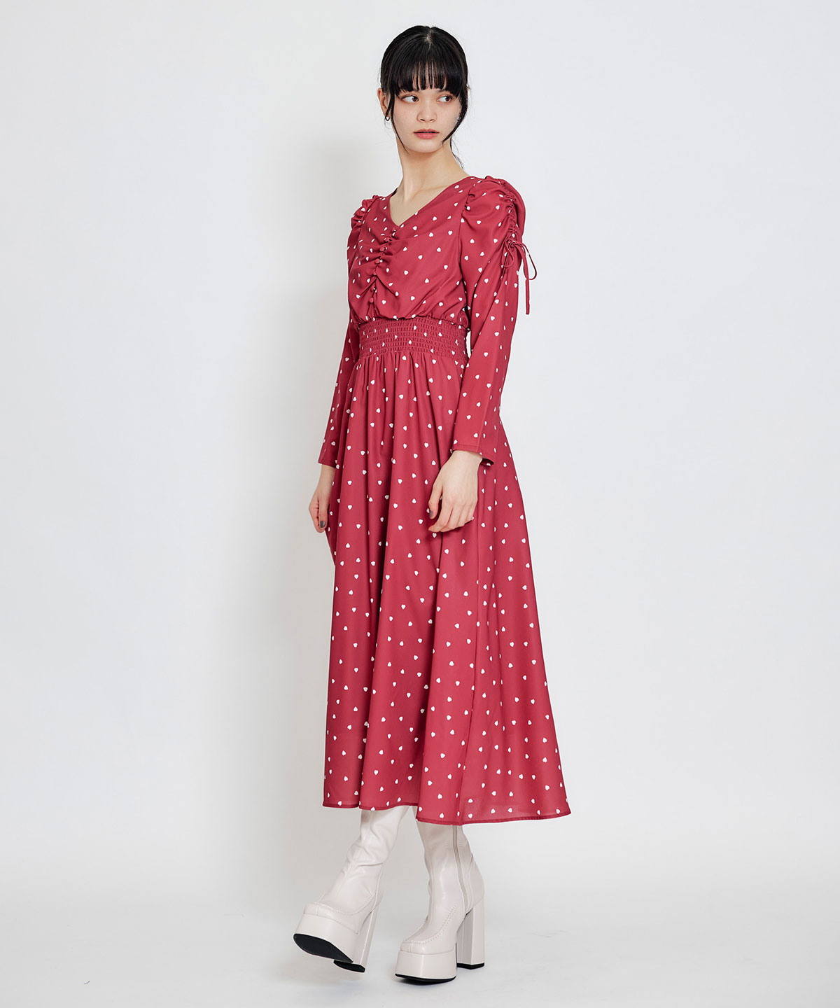 Love Me Heart ギャザーリボンロングフレアワンピース