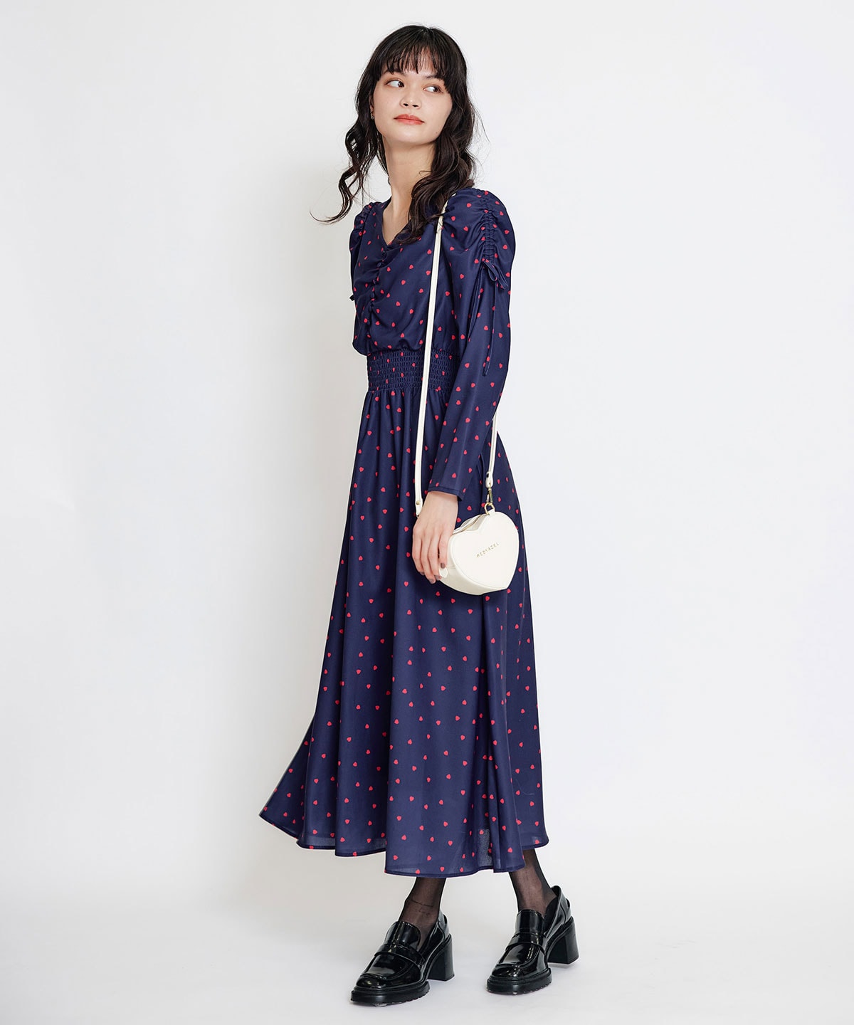 Love Me Heart ギャザーリボンロングフレアワンピース