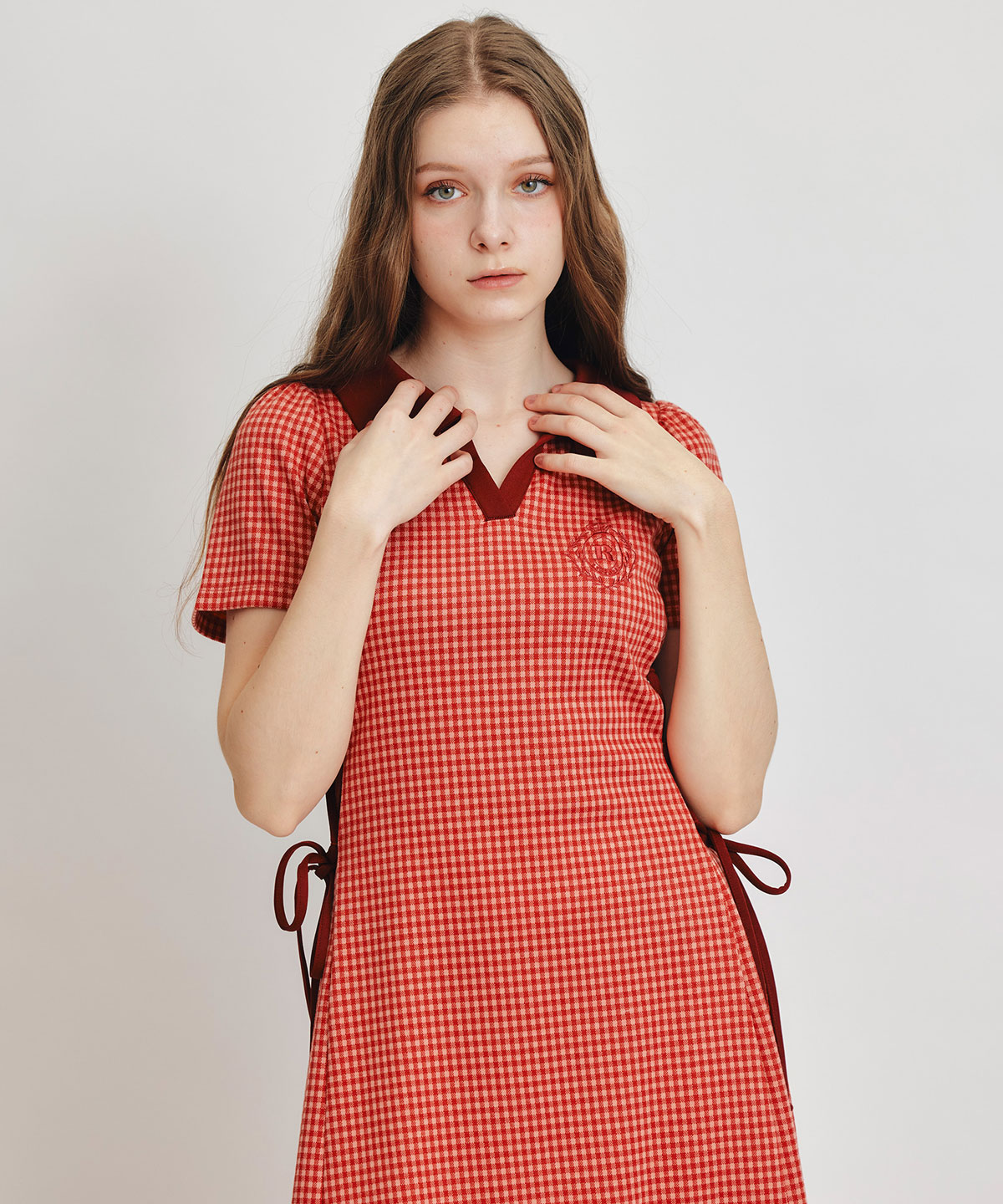 ポロカットレースアップフレアロングワンピース