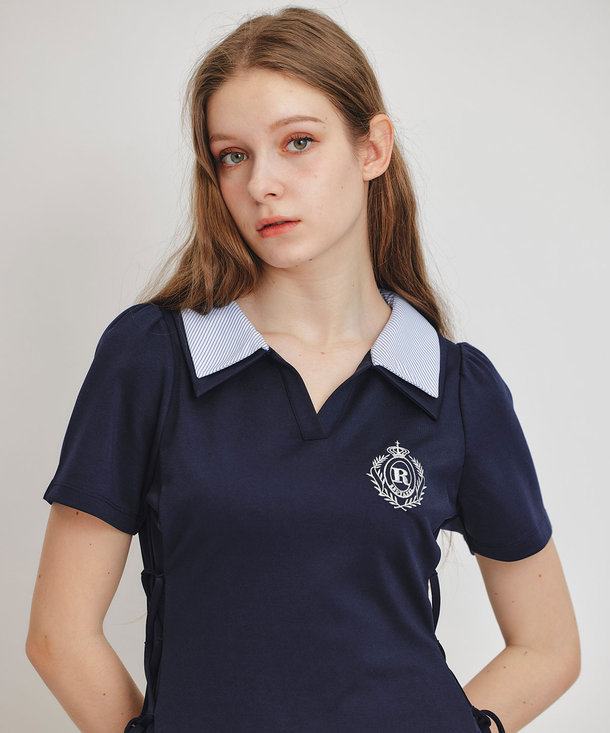 ポロカットレースアップフレアロングワンピース