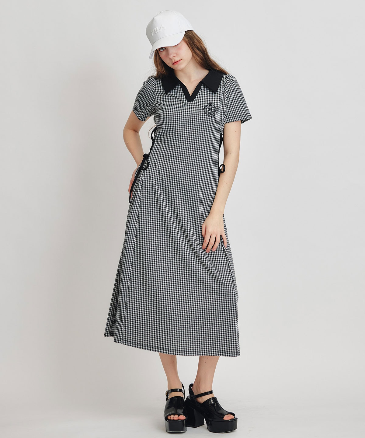 ポロカットレースアップフレアロングワンピース