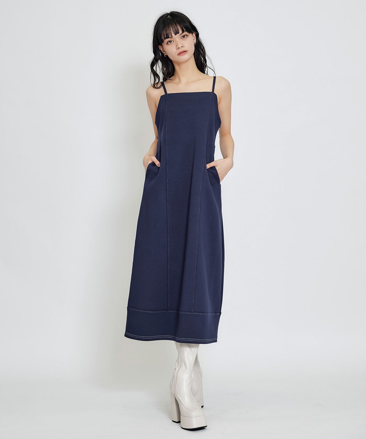 【セットアップ可能】バイカラーステッチカットロングワンピース