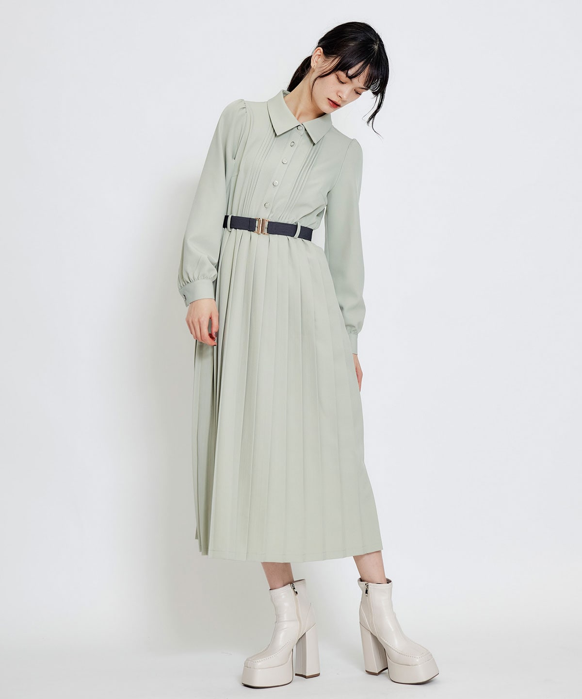 リボンタイプリーツロングシャツワンピース
