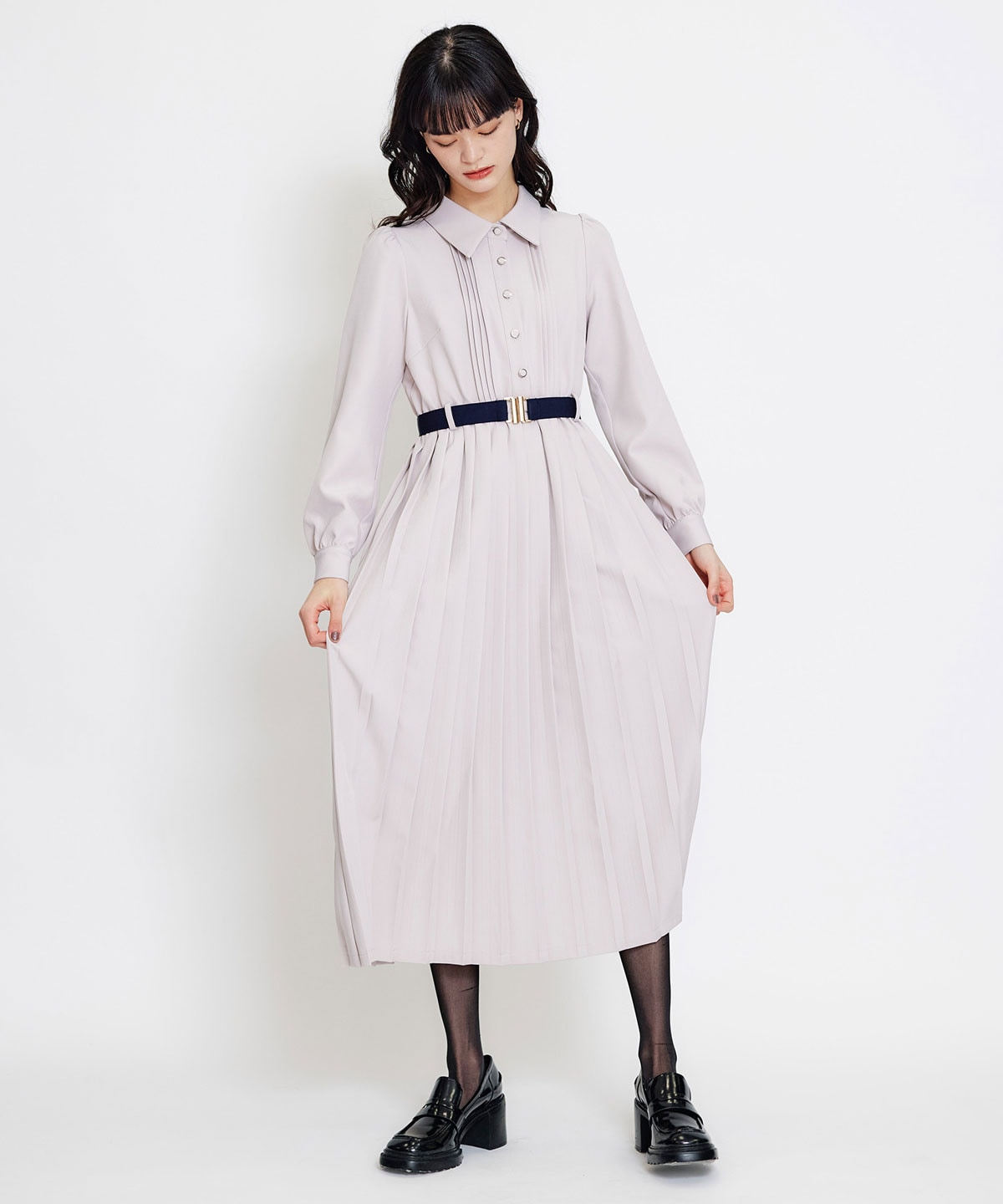 リボンタイプリーツロングシャツワンピース