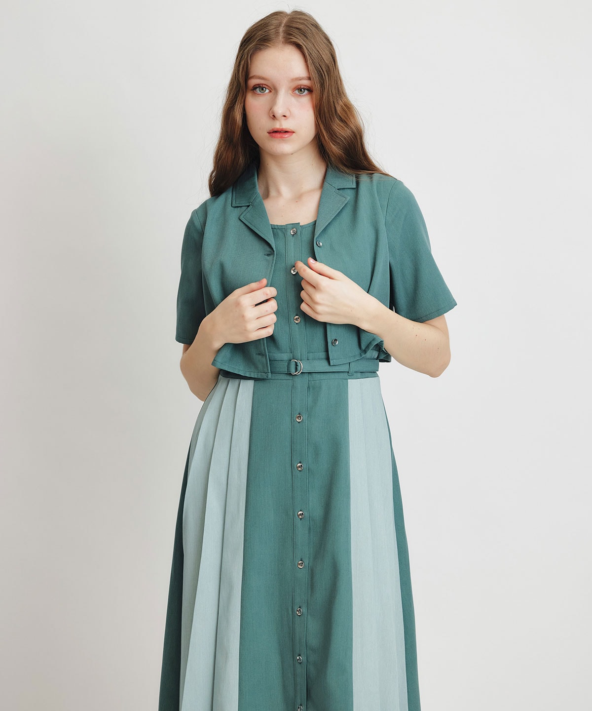 レイヤードサイドプリーツバイカラーロングワンピース