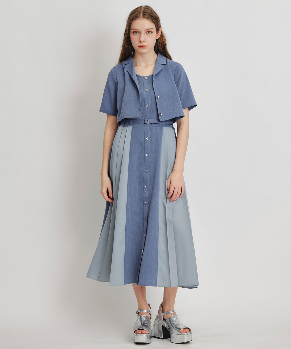 レイヤードサイドプリーツバイカラーロングワンピース