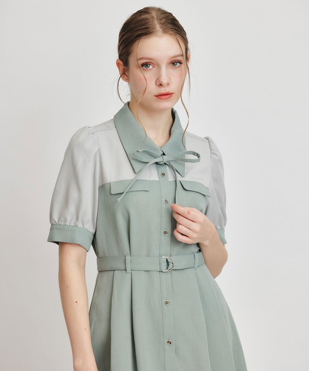 コントラストカラーシャツフレアロングワンピース