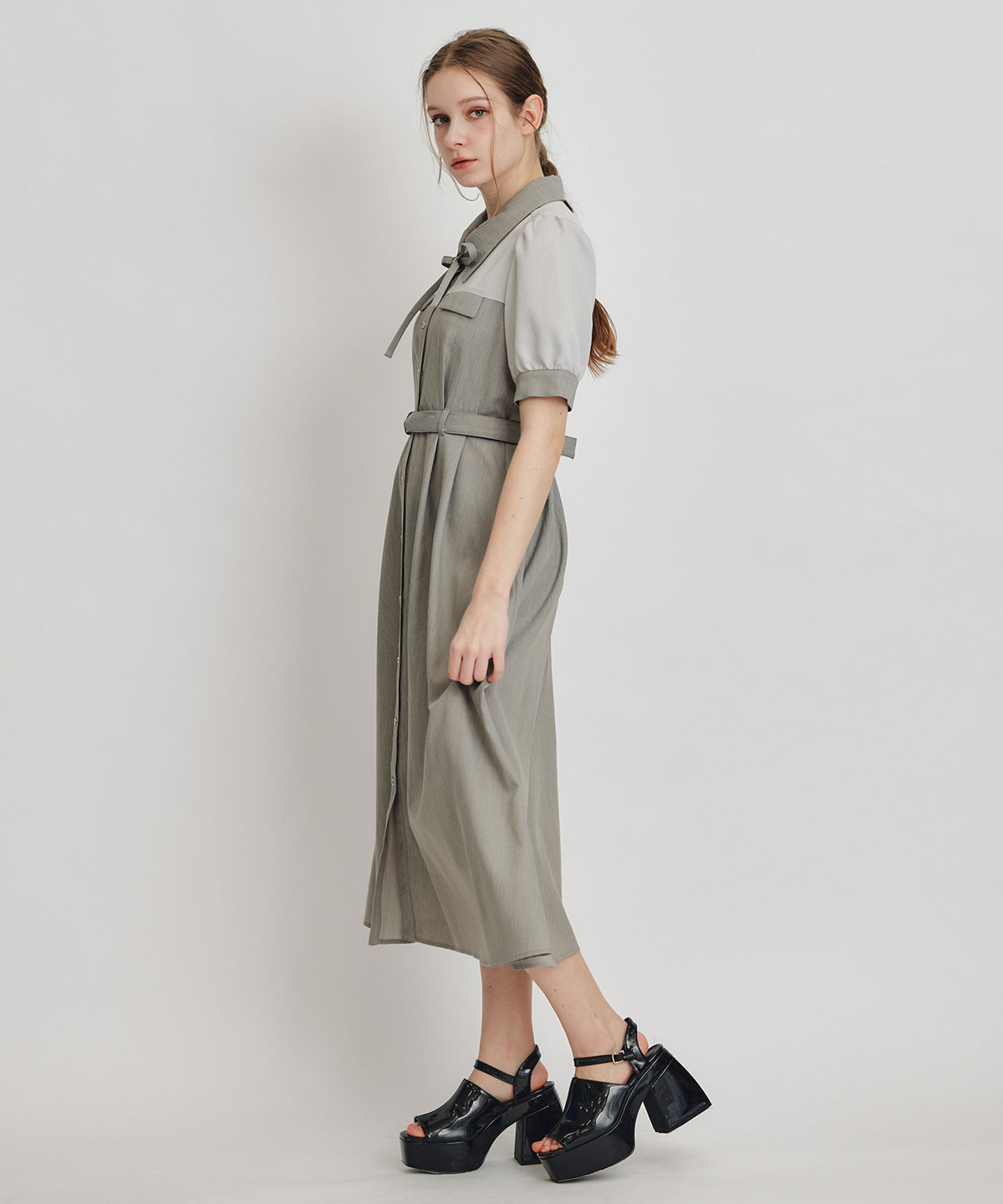 コントラストカラーシャツフレアロングワンピース