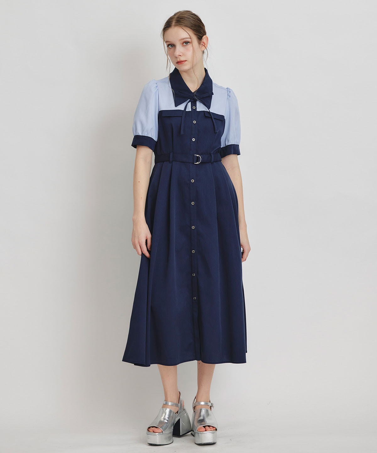 コントラストカラーシャツフレアロングワンピース