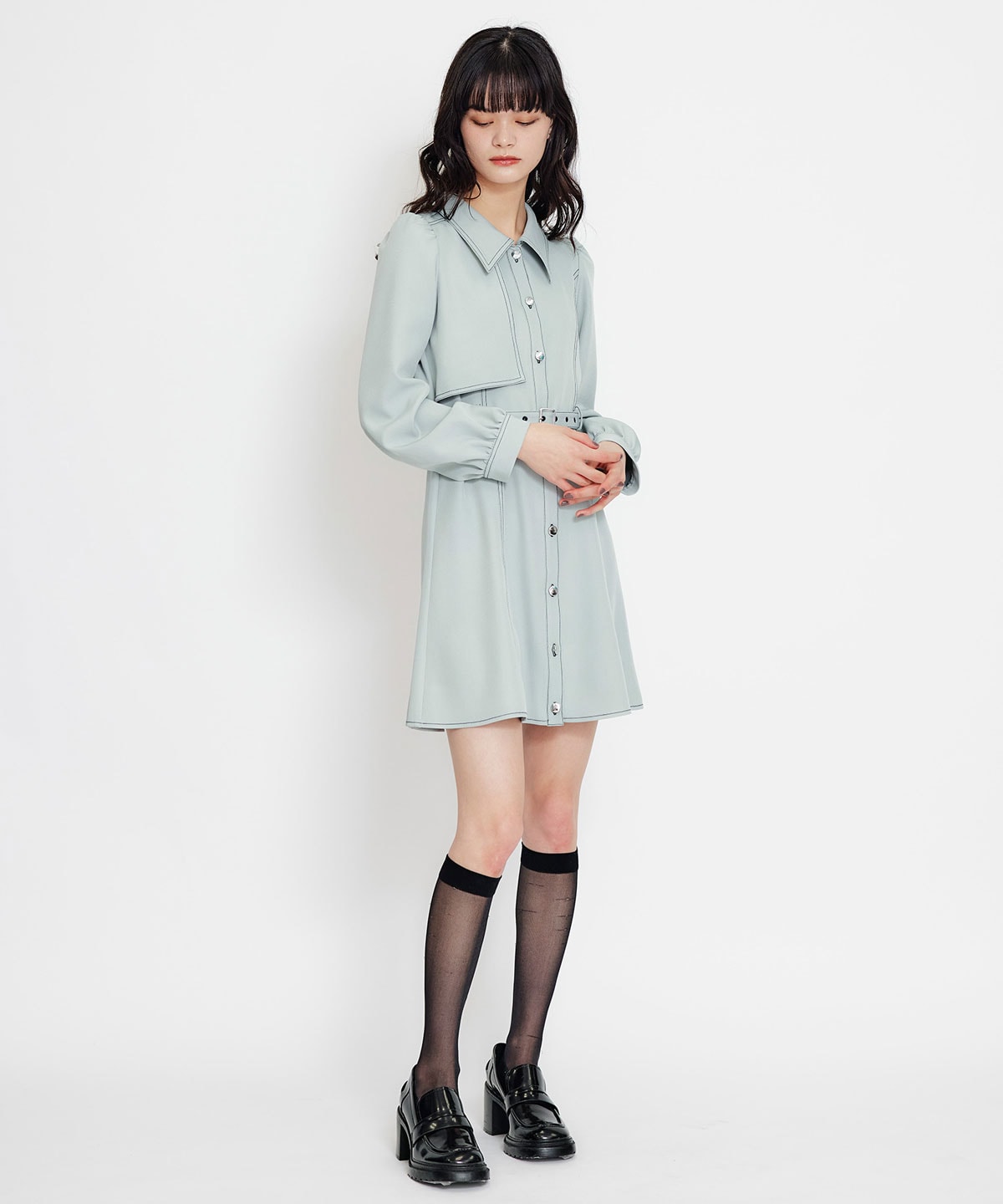 バイカラーステッチフレアミニシャツワンピース