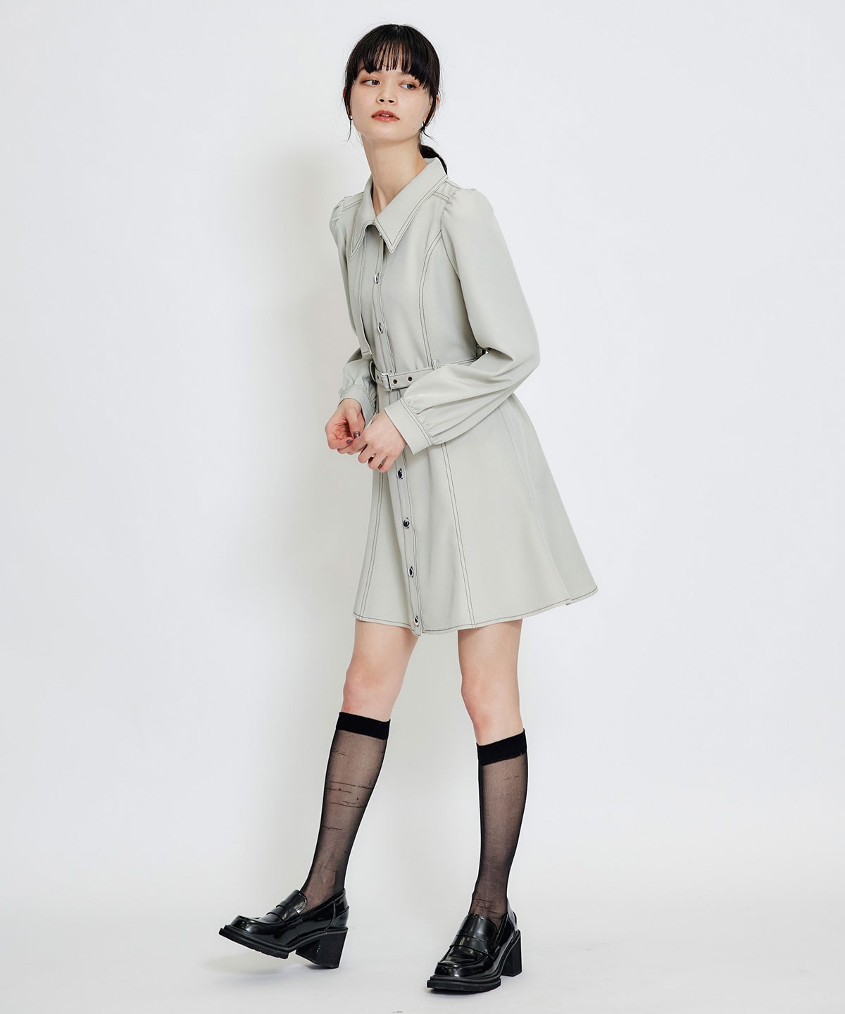 バイカラーステッチフレアミニシャツワンピース