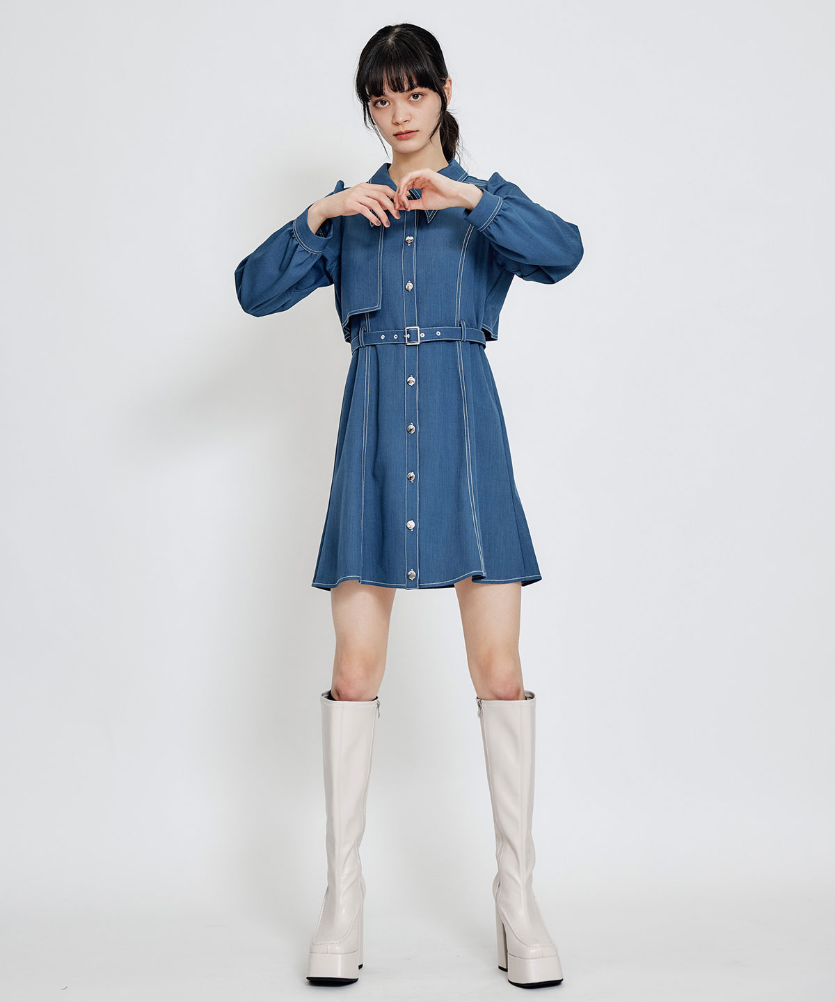 バイカラーステッチフレアミニシャツワンピース