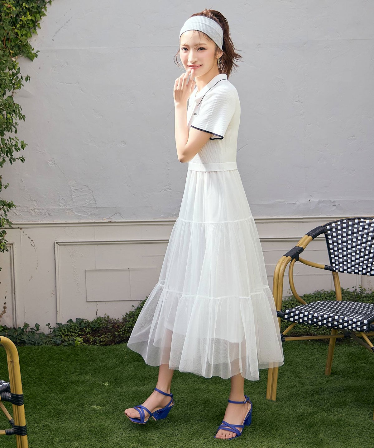 ポロニットチュールティアードドッキングロングワンピース