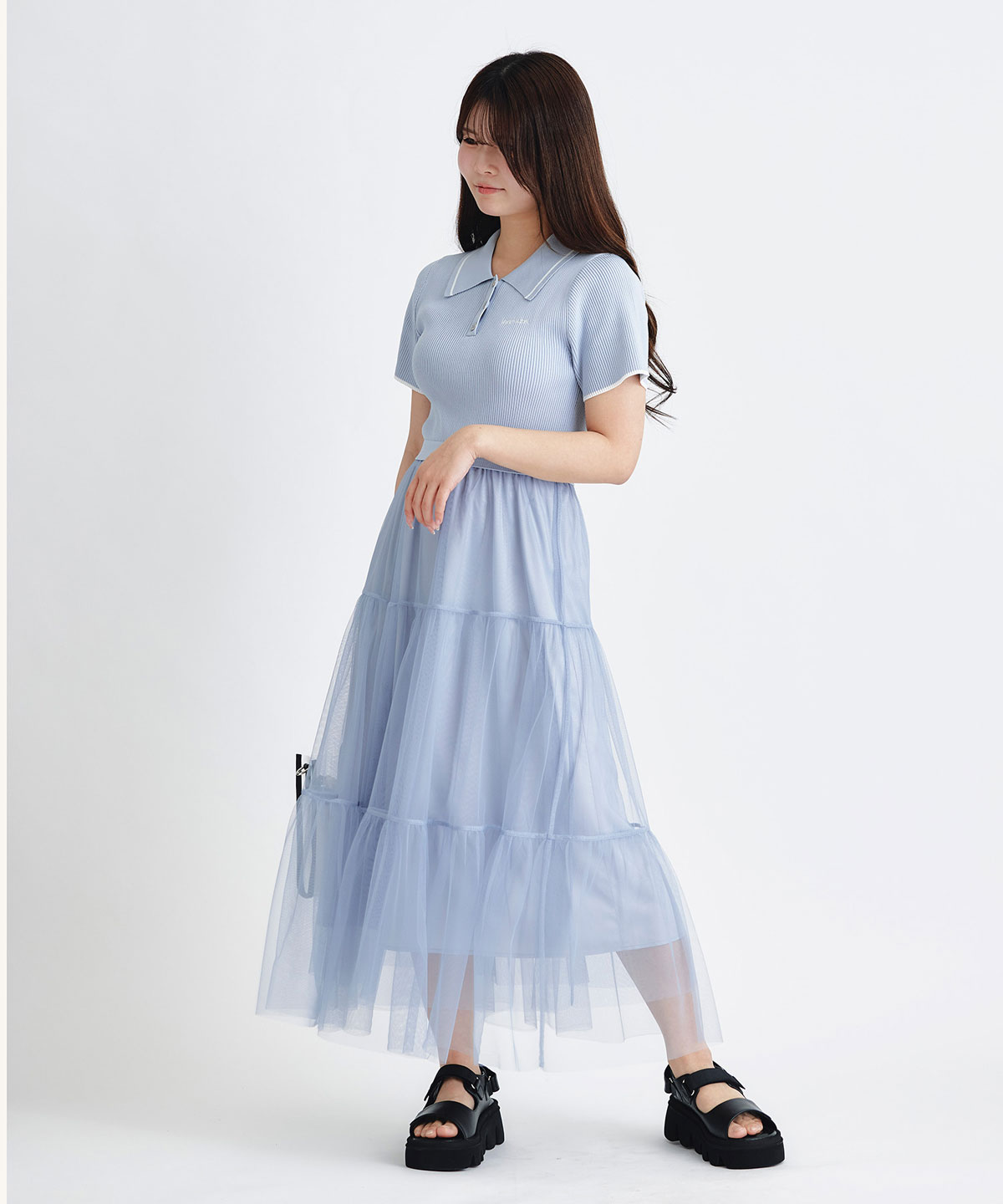 ポロニットチュールティアードドッキングロングワンピース