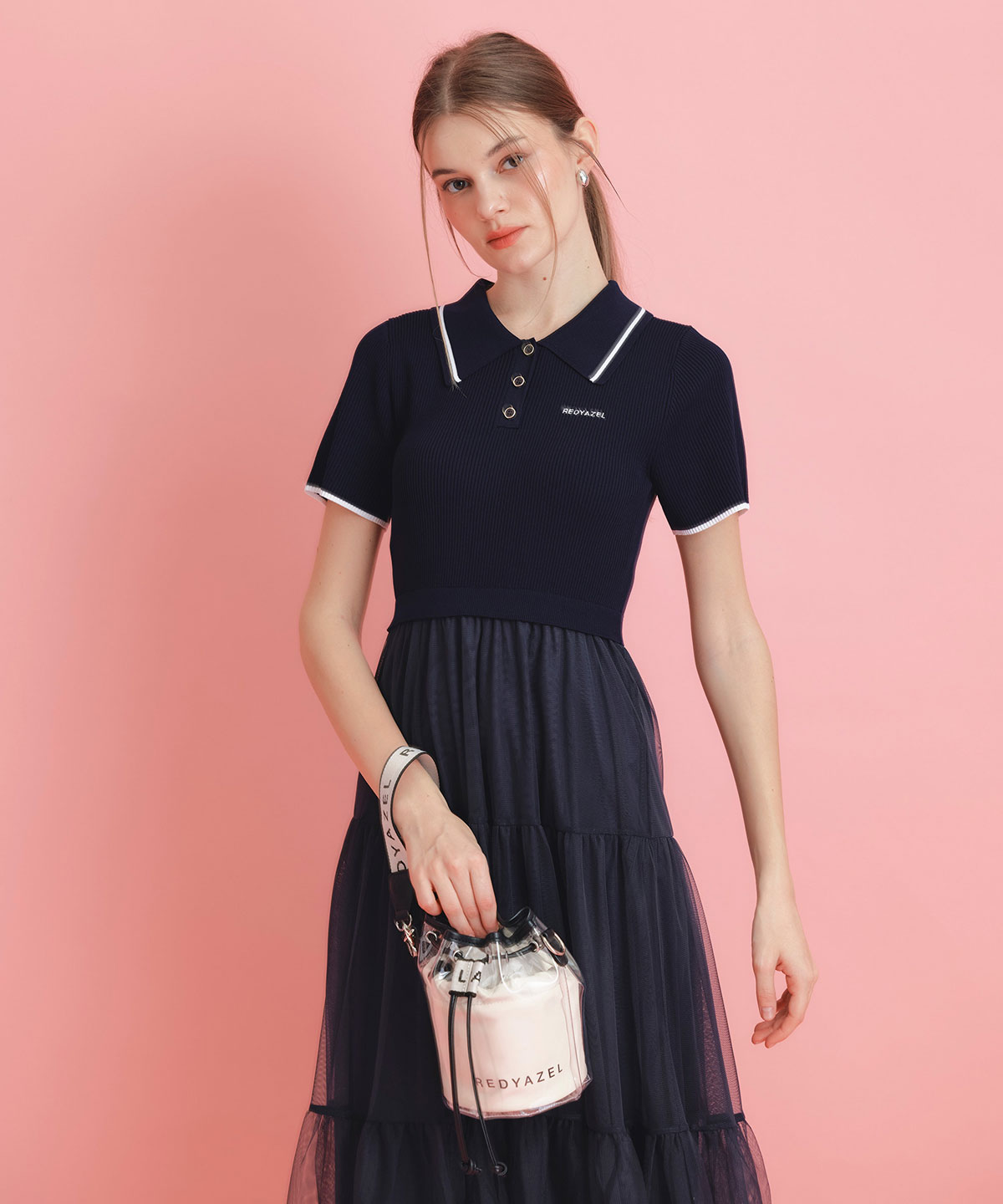 ポロニットチュールティアードドッキングロングワンピース